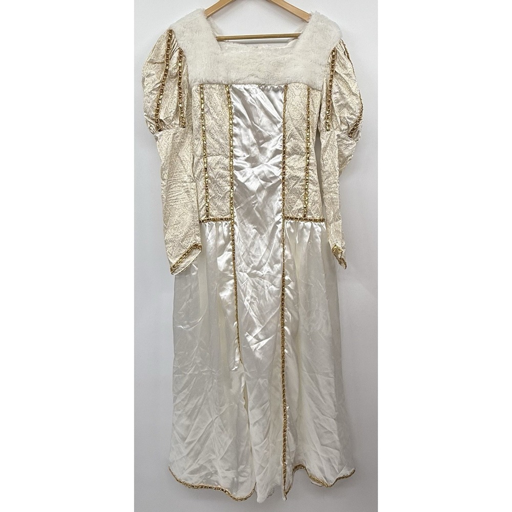 Snow Queen Costume Express Women's White Fur Collar Gold Trim Long SZ S/M Party